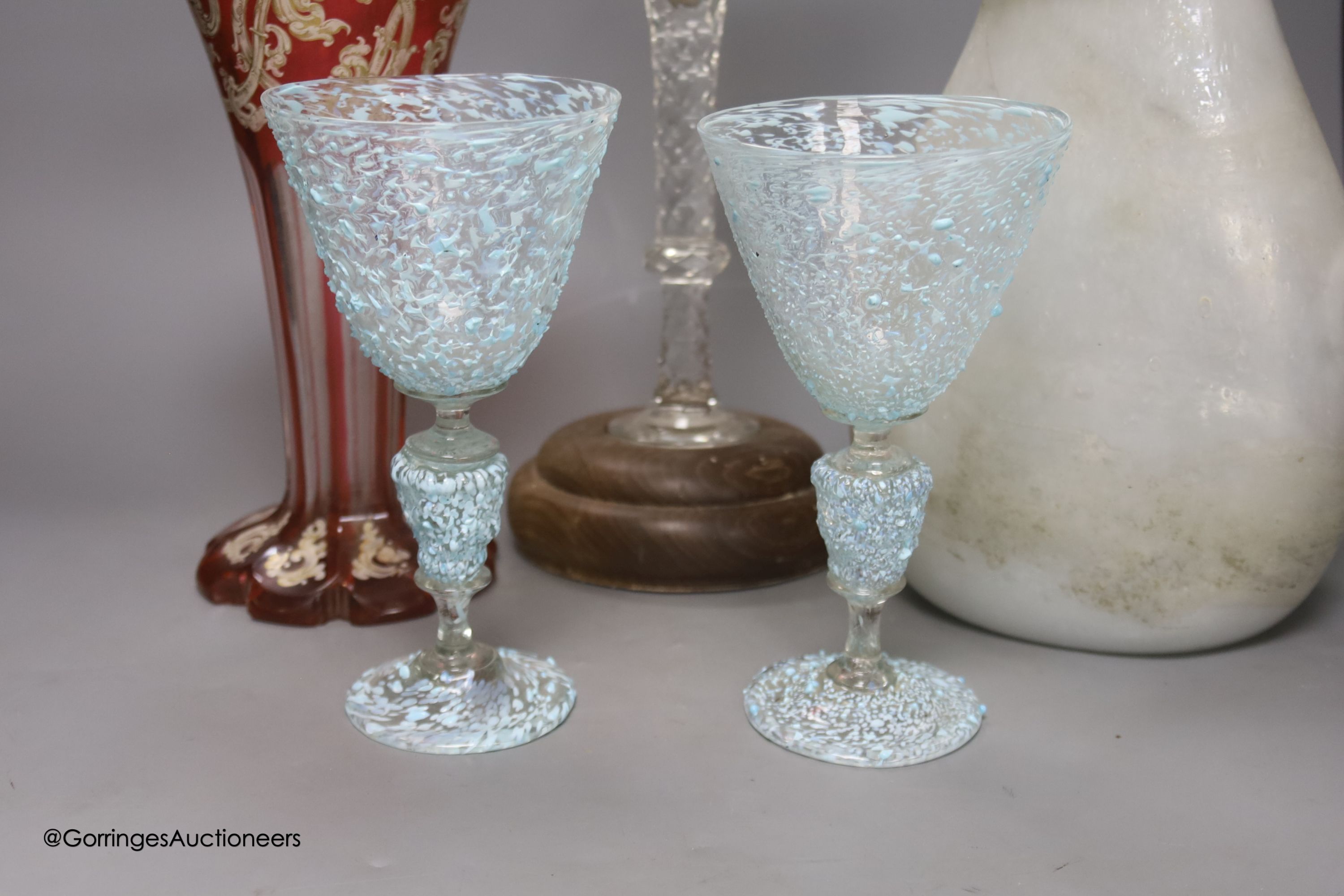 Roman style vase, a pair of goblets, a Bohemian trumpet vase, cut glass vase on stand and a German enamel tinted glass
